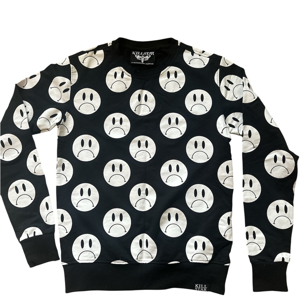 Killstar Black Crewneck Sweatshirt with White Sad Face Pattern
